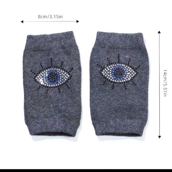 Evil Eye Fingerless Gloves Gray Grey Blue Silver Black Crystal Rhinestone Studs - Picture 6 of 8